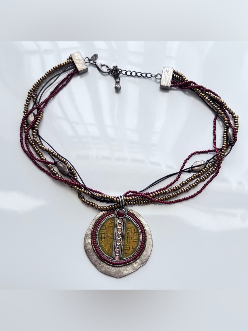 Chico's Medallion Multi Strand Necklace. With Garnet-Toned Artisan BOHO Style